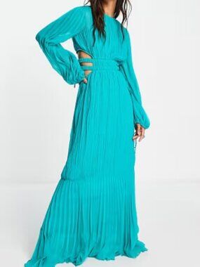 Turquoise pleated maxi dress with ruched waist detail